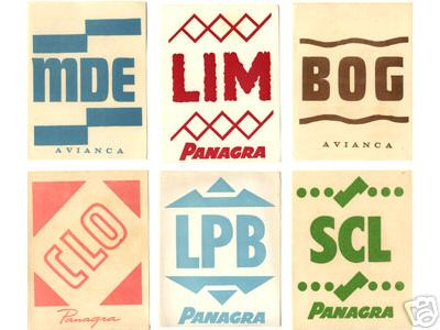 A group of 1950s baggage labels from associated companies Avianca & Panagra AV&PN baggage labels BOG-SCL-LPB-LIM-MDE-CLO